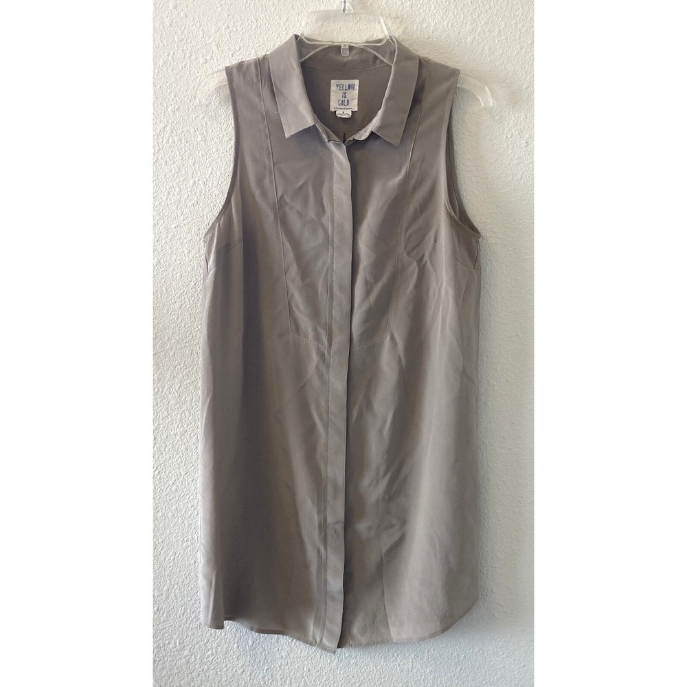 Yellow Is Gold Women's Top Small 100% Silk Button Front Long Collared Sleeveless